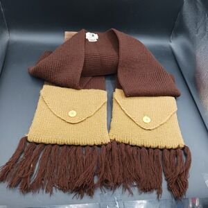 Vtg 70s Crochet Boho Hippie Yellow & Brown Long Granny Scarf w Fringe & Pockets